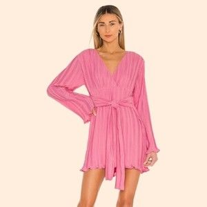 Pink Long-Sleeve V-Neck Tie-Waist Dress